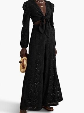 Miguelina…Elegant Black Embroidery Wide-Leg Eyelet Pants…NWT
